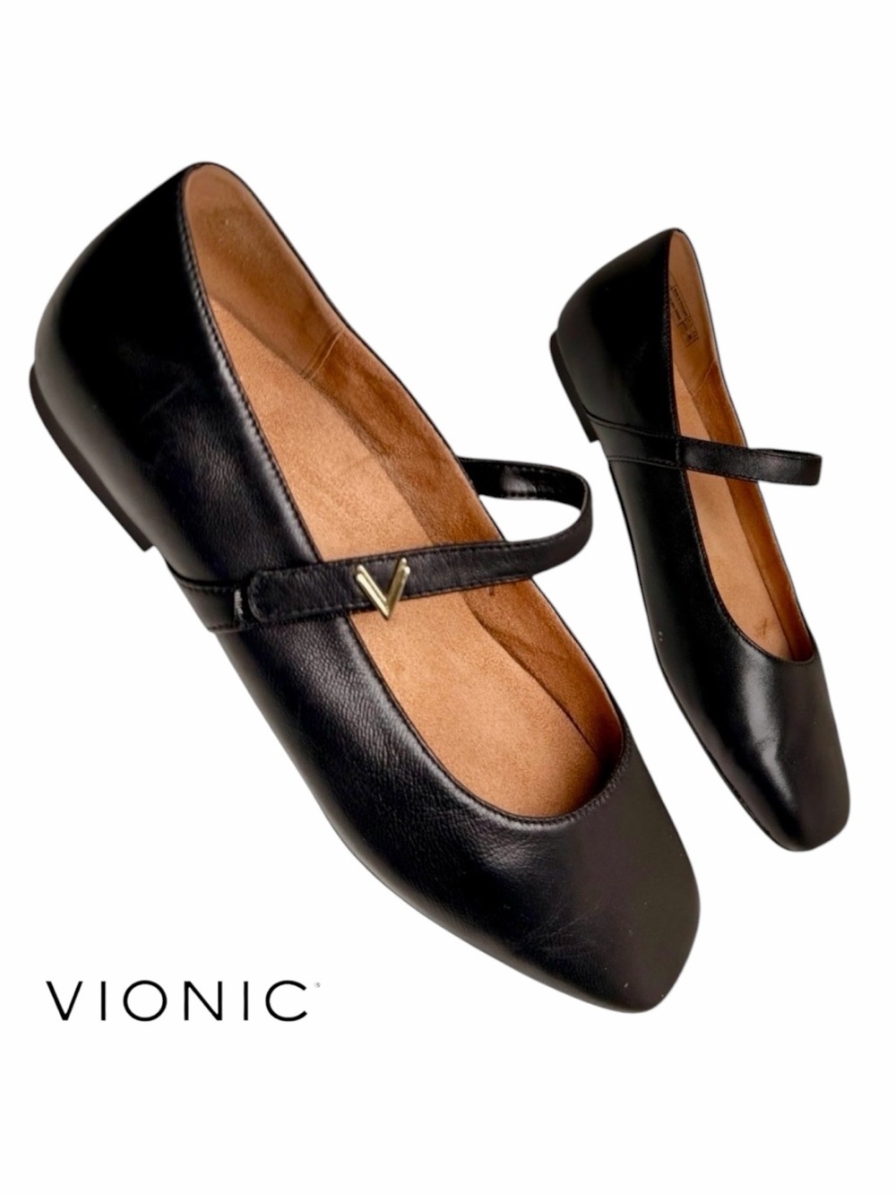 Vionic Alameda Black Leather Mary Jane Flats Womens 9.5